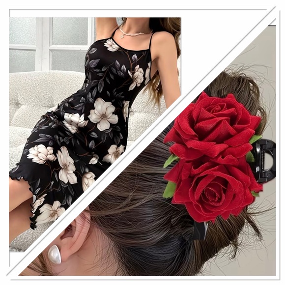 Dresses & Skirts - Floral Black Short Camisole Nightgown with bonus, red rose hair clip